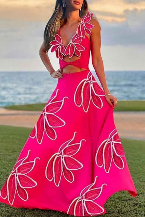 Rose Red 3D Flower Print Sleeveless Hollow Out One Piece Swimsuit Cover Up Maxi Skirt Beach Vacation Swimwears
