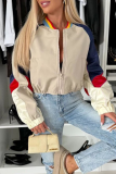 Off White Casual Colorblock Print Zipper Mandarin Collar Long Sleeve Linen Crop Varsity Jackets