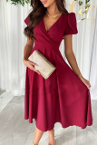 Claret Ruched V Neck Short Sleeve Cinch Waist Formal Evening Party Wedding Guest A Line Pleated Midi Dresses