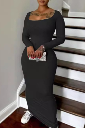 Black Square Neck Long Sleeve Formal Evening Party Long Bodycon Maxi Dress