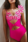 Rose Red 3D Flower Print Sleeveless Hollow Out One Piece Swimsuit Cover Up Maxi Skirt Beach Vacation Swimwears