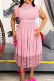 Casual Sleeveless Half A Turtleneck With Belt Ruffle Hem Vacation A Line Plus Size Pleated Midi Dresses
