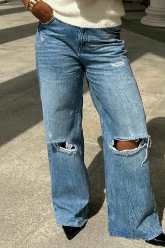 Blue Casual High Waist Distressed Wide Leg Ripped Denim Jeans