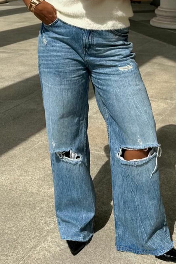 Blue Casual High Waist Distressed Wide Leg Ripped Denim Jeans