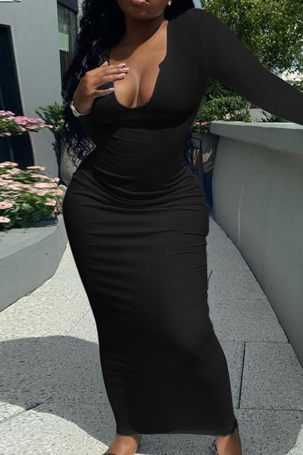 Black Deep V Neck Long Sleeve Formal Evening Party Long Bodycon Maxi Dress