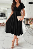 Claret Ruched V Neck Short Sleeve Cinch Waist Formal Evening Party Wedding Guest A Line Pleated Midi Dresses