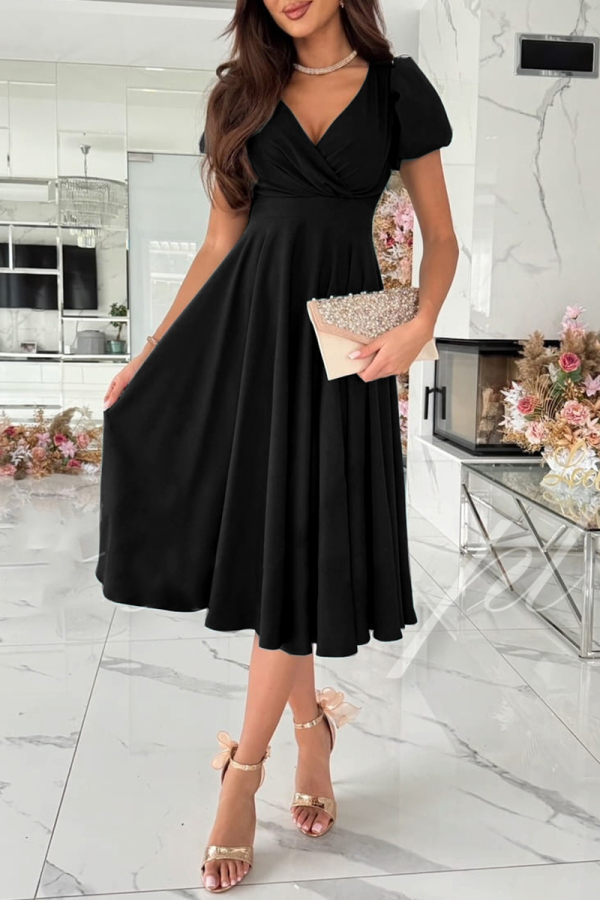 Claret Ruched V Neck Short Sleeve Cinch Waist Formal Evening Party Wedding Guest A Line Pleated Midi Dresses