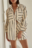 White Casual Striped Print Turndown Collar Long Sleeve Buttons Blouse And Shorts Vacation Two Pieces Shorts Sets