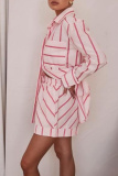 White Casual Striped Print Turndown Collar Long Sleeve Buttons Blouse And Shorts Vacation Two Pieces Shorts Sets