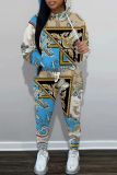 White Red Graphics Print Long Sleeve Hooded Sweatshirt And Drawstring Pants Sportwear Casual Two Pieces Sweatpant Sets