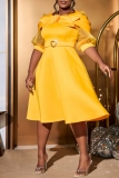 Yellow Flower Decor O Neck Lantern Sleeve  Formal Evening Party Wedding Guest A Line Pleated Midi Dresses
