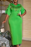 Green Formal V Neck Half Sleeve Fringed Trim Bodycon Formal Wedding Guest Mother Of The Bride Maxi Dresses