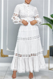 White Renaissance Lace Trim Princess Sleeve Hollow Out Long Sleeve Crop Tops And Pleated Maxi Skirt Vacation Two Pieces Dress Set