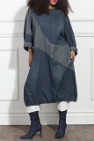 Blue Casual O Neck Long Sleeve Pocket Loose Vacation Ripped Denim Maxi Dresses