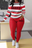 Blue Stripe Print O Neck Long Sleeve Oversize Tops And Skinny Pants Sportwear Casual Two Pieces Sweatpant Sets