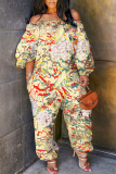 Yellow Casual Floral Print Off Shoulder Long Sleeve Vacation Straight Harem Jumpsuits