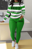 Blue Stripe Print O Neck Long Sleeve Oversize Tops And Skinny Pants Sportwear Casual Two Pieces Sweatpant Sets