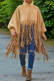 Khaki Turtleneck Lantern Sleeve Fringe Top Plus Size Tassel Pullover Poncho Coat Faux Suede Shawl