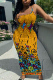 Light Khaki Graphics Sleeveless Backless Spaghetti Strap U Neck Vacation Bodycon Maxi Slip Dress