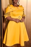 Yellow Flower Decor O Neck Lantern Sleeve  Formal Evening Party Wedding Guest A Line Pleated Midi Dresses