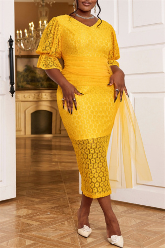 Yellow Lace V Neck Lantern Sleeve Wrapped Skirt Party Formal Wedding Guest Bodycon Maxi Dresses