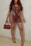 Brown Sleeveless O Neck Hollow Out Skinny Rompers One Piece Bodysuit