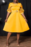 Yellow Flower Decor O Neck Lantern Sleeve  Formal Evening Party Wedding Guest A Line Pleated Midi Dresses