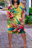 Yellow Casual Graphics Print Basic V Neck Short Sleeve Pockets Loose Midi T-shirt Dress