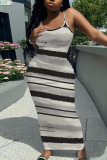 Light Khaki Graphics Sleeveless Backless Spaghetti Strap U Neck Vacation Bodycon Maxi Slip Dress