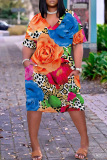 Orange Casual Graphics Print Basic V Neck Short Sleeve Loose Pockets Midi T-Shirt Dress