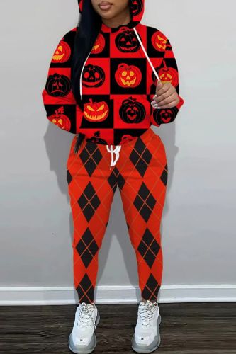 Orange Halloween Costume Pumpkin Print Long Sleeve Hooded Sweatshirt And Drawstring Pants Sportwear Casual Two Pieces Sweatpant Sets