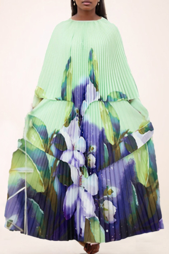 Sky Blue Casual Floral Print O Neck Ruched Ruffle Hem Pleated Blouse And Maxi Skirt Vacations Two Pieces Dress Set