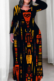 Color Casual Graphcis Print O Neck Long Sleeve Straight Floor Length Vacation Baggy Plus Size Maxi Dress