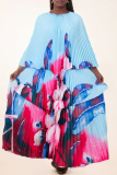 Sky Blue Casual Floral Print O Neck Ruched Ruffle Hem Pleated Blouse And Maxi Skirt Vacations Two Pieces Dress Set