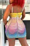 Yellow Ombre Print Backless Sleeveless Wrapped Skirt Bodycon Halter Mini Dresses