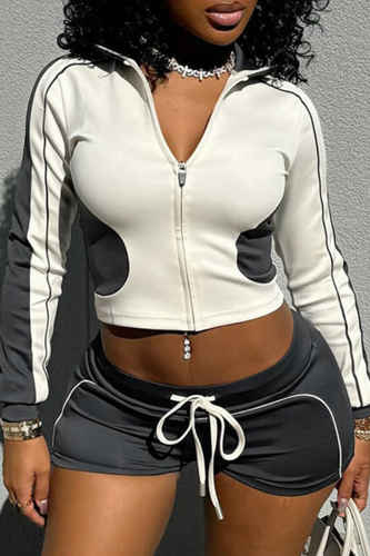 Apricot Zipper Collar Long Sleeve Hooded Crop Jackets And Draw String Shorts Sportwear Casual Two Pieces Shorts Sets