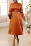 Brown Casual Half A Turtleneck Flare Sleeve Cinch Waist Formal Evening Party Wedding Guest Maxi Dress