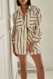 White Casual Striped Print Turndown Collar Long Sleeve Buttons Blouse And Shorts Vacation Two Pieces Shorts Sets