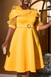 Yellow Flower Decor O Neck Lantern Sleeve  Formal Evening Party Wedding Guest A Line Pleated Midi Dresses