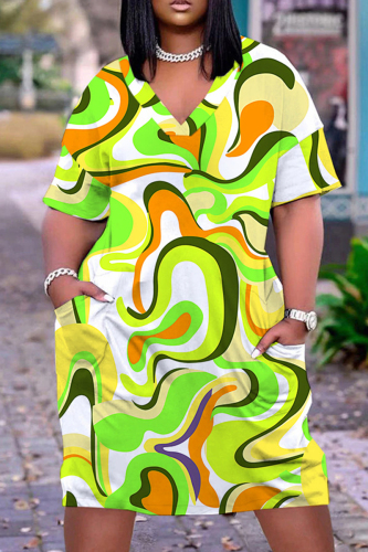 Yellow Casual Graphics Print Basic V Neck Short Sleeve Pockets Loose Midi T-shirt Dress