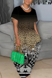Beige Casual Graphcis Print Round Neck Long Plus Size Maxi T-shirt Dresses