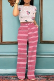 Pink Casual Striped Floral Print O Neck Short Sleeve Crop Tops And Wide Leg Pants Vacation Trouser Sets Two Pieces Trouser Sets