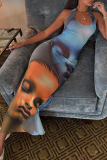 Blue Figure Print Backless Long Vacation Bodycon Halter Maxi Dresses