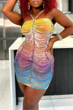 Yellow Ombre Print Backless Sleeveless Wrapped Skirt Bodycon Halter Mini Dresses