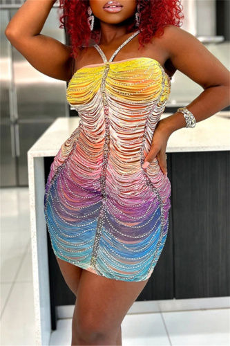 Yellow Ombre Print Backless Sleeveless Wrapped Skirt Bodycon Halter Mini Dresses