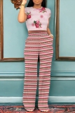 Pink Casual Striped Floral Print O Neck Short Sleeve Crop Tops And Wide Leg Pants Vacation Trouser Sets Two Pieces Trouser Sets