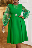 Green Casual Beading O Neck Lantern Sleeve Hollow Out Formal Evening Party Wedding Guest Pleated Midi Dresses