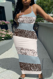 Light Khaki Graphics Sleeveless Backless Spaghetti Strap U Neck Vacation Bodycon Maxi Slip Dress