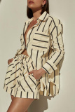 White Casual Striped Print Turndown Collar Long Sleeve Buttons Blouse And Shorts Vacation Two Pieces Shorts Sets