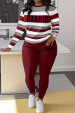 Blue Stripe Print O Neck Long Sleeve Oversize Tops And Skinny Pants Sportwear Casual Two Pieces Sweatpant Sets